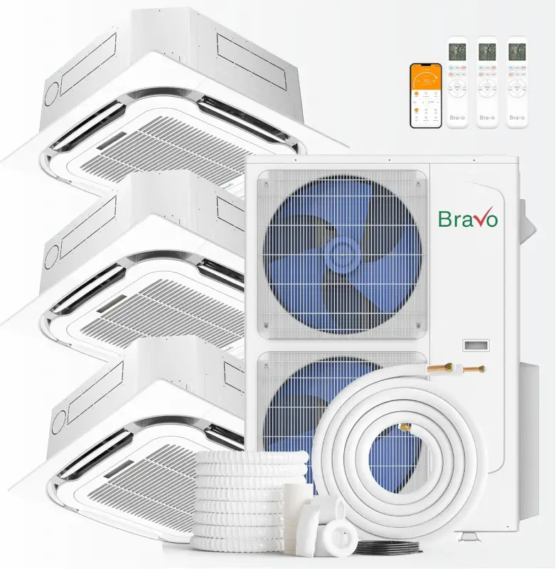 3 zone 42,000 BTU BRAVO Ductless Mini Split AC Ceiling Cassette 9k+12k+18k